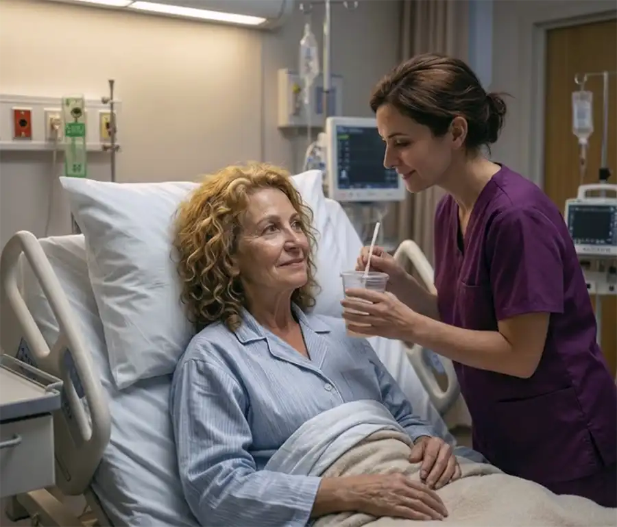 Tempus enfermera dando agua a enferma clinica copia