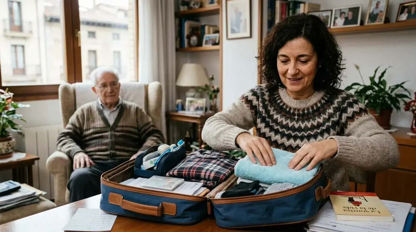 Familiar organizando bolsa para ingreso hospitalario de persona mayor en Navarra