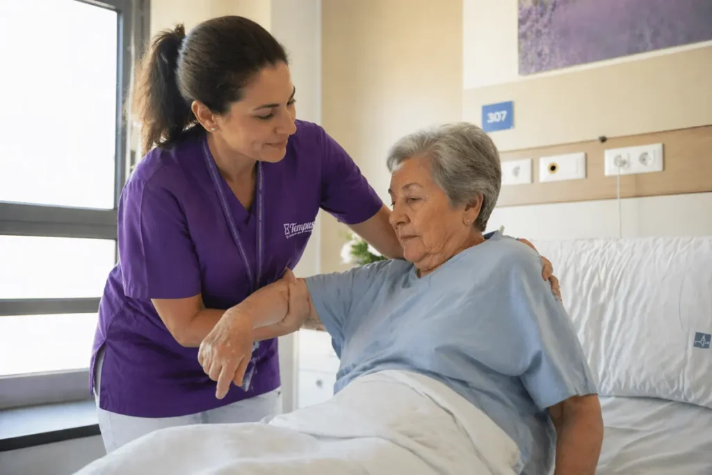 Acompañamiento Hospitalario personas mayores: Cuidador asistiendo en la movilización segura de persona mayor hospitalizada para prevenir caídas en Navarra