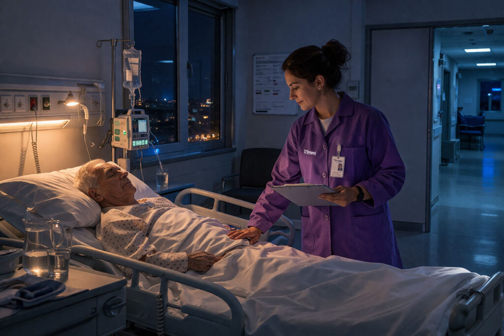 Cuidadora de Tempus realizando vigilancia activa nocturna en habitación de hospital