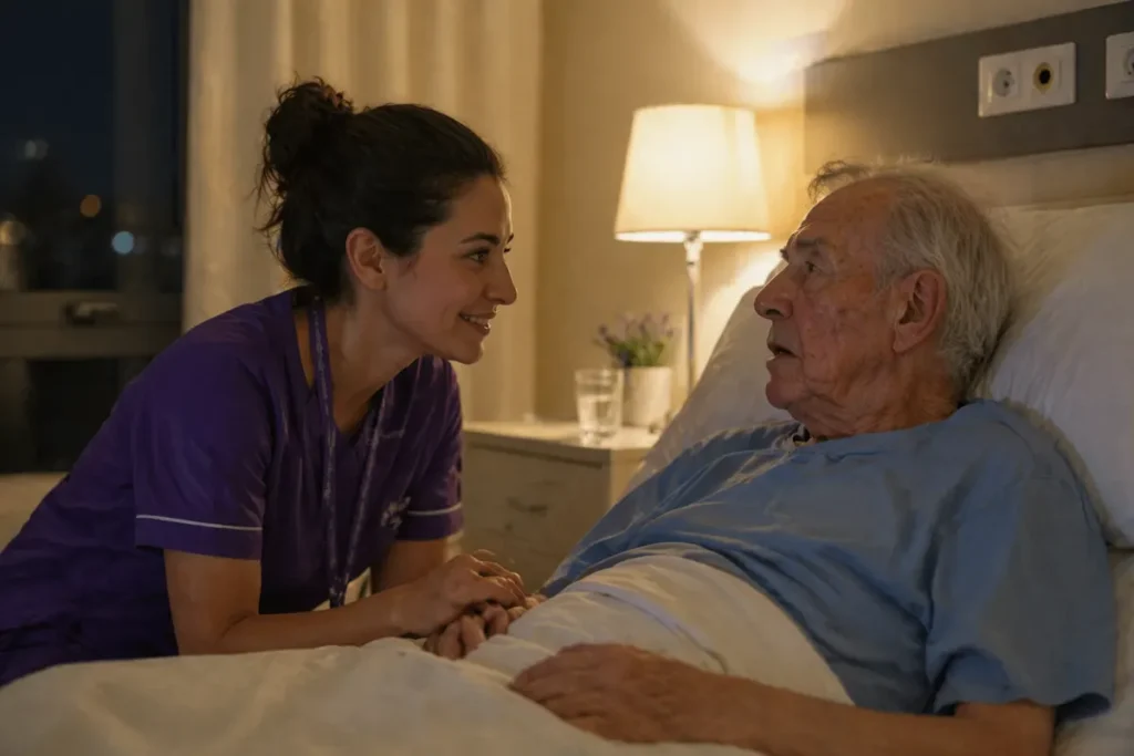 Cuidadora especializada en demencias orientando y tranquilizando a paciente mayor con Alzheimer en hospital de Pamplona