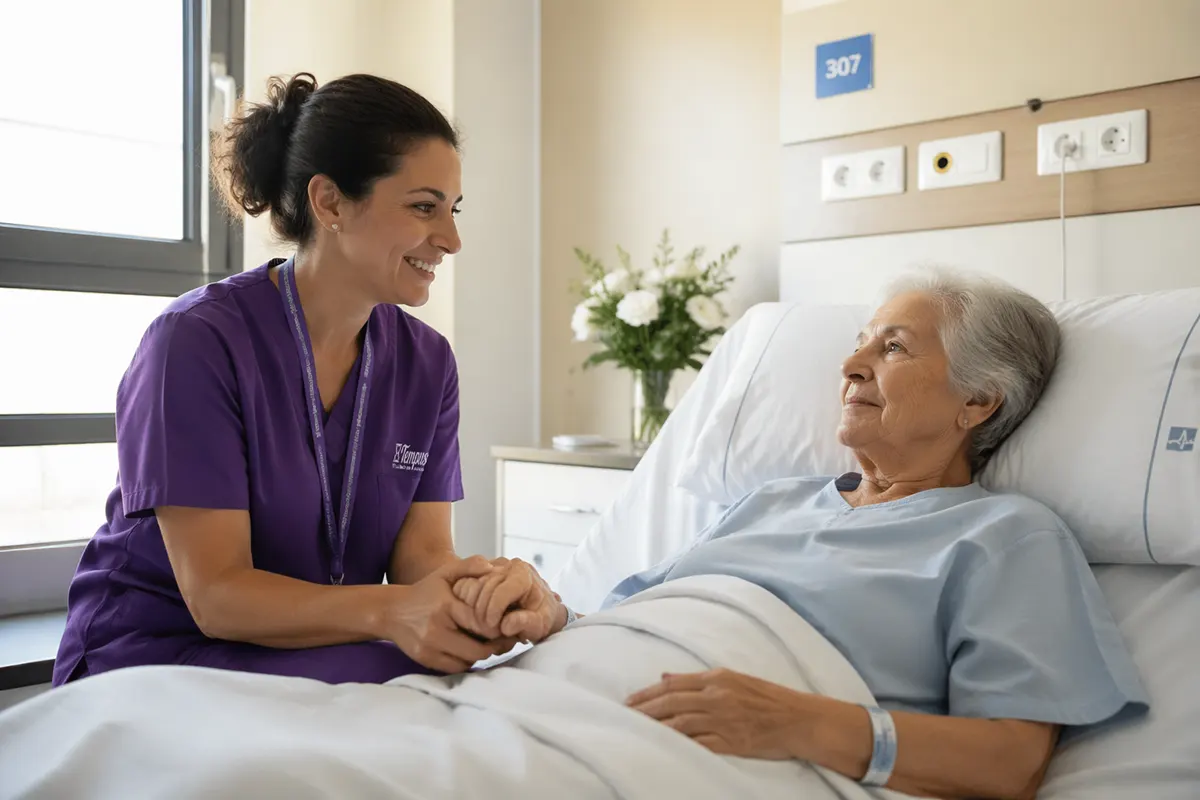 Cuidadora profesional de Tempus acompañando con calidez a persona mayor hospitalizada en Navarra