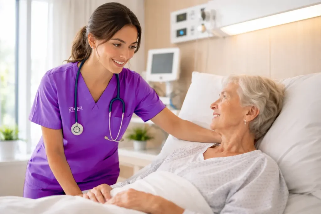 Cuidadora profesional de Tempus junto a paciente hospitalizado garantizando que nunca está solo