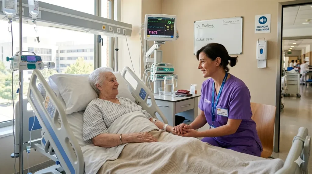 Cuidadora profesional de Tempus atendiendo a paciente hospitalizado mientras familiar está tranquilo en otra ciudad