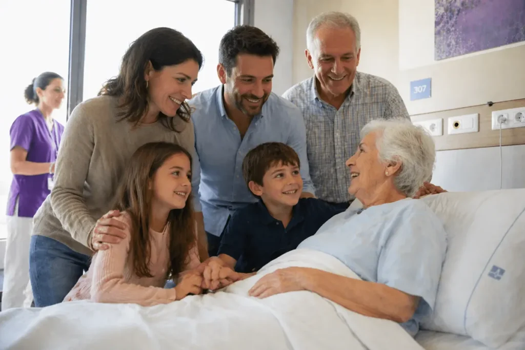 Familia tranquila junto a familiar mayor hospitalizado gracias al servicio Tempus Plus en Pamplona