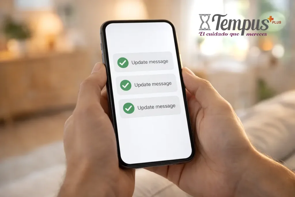 Familiar recibiendo notificación en tiempo real del estado del paciente hospitalizado gracias a Tempus Plus