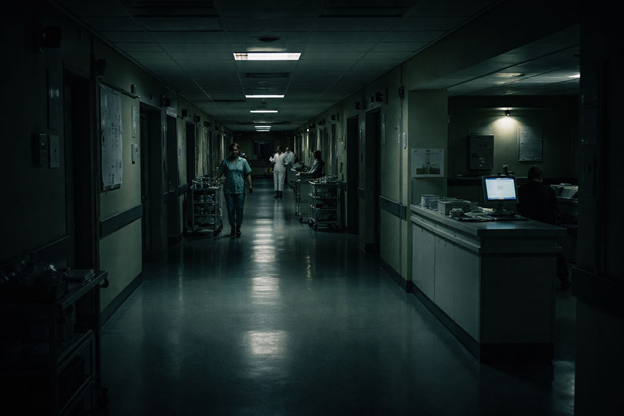 Pasillo de hospital de noche con luz tenue y personal sanitario reducido en Navarra