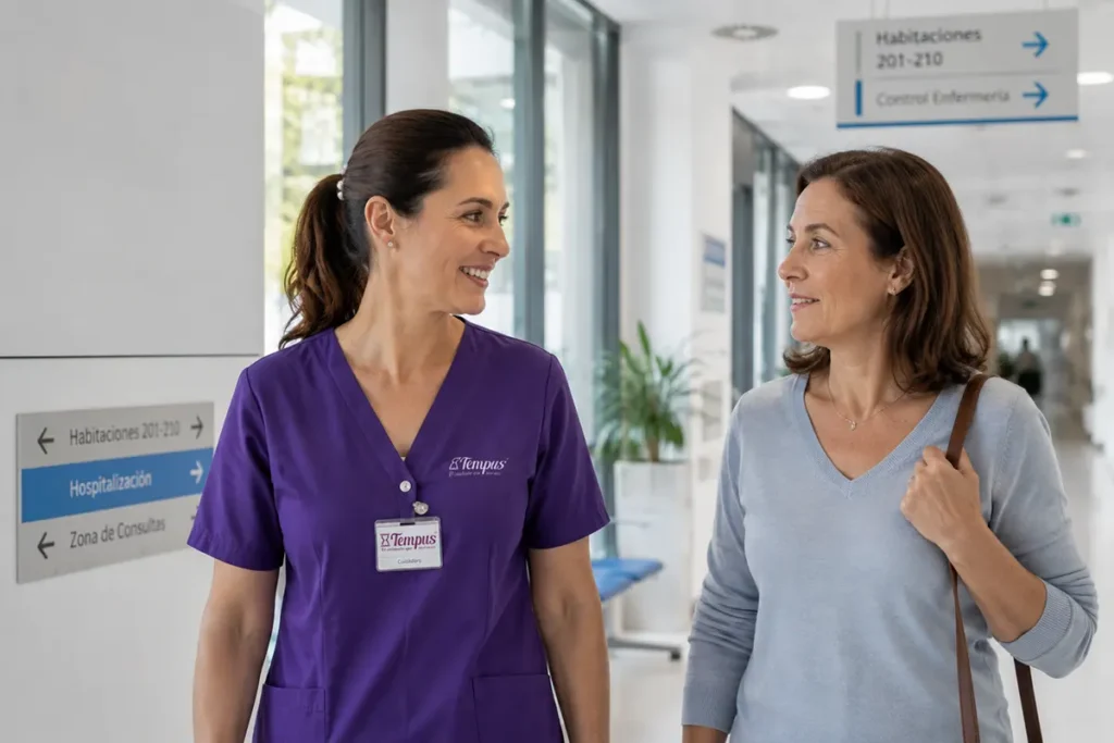 Cuidadora profesional de Tempus explicando el servicio de acompañamiento hospitalario a familia en Pamplona