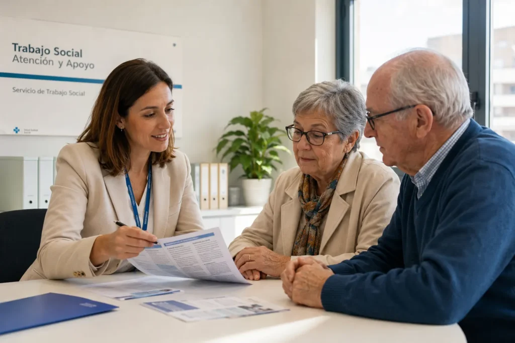 Trabajadora social del hospital orientando a familia sobre solicitud de dependencia en Pamplona