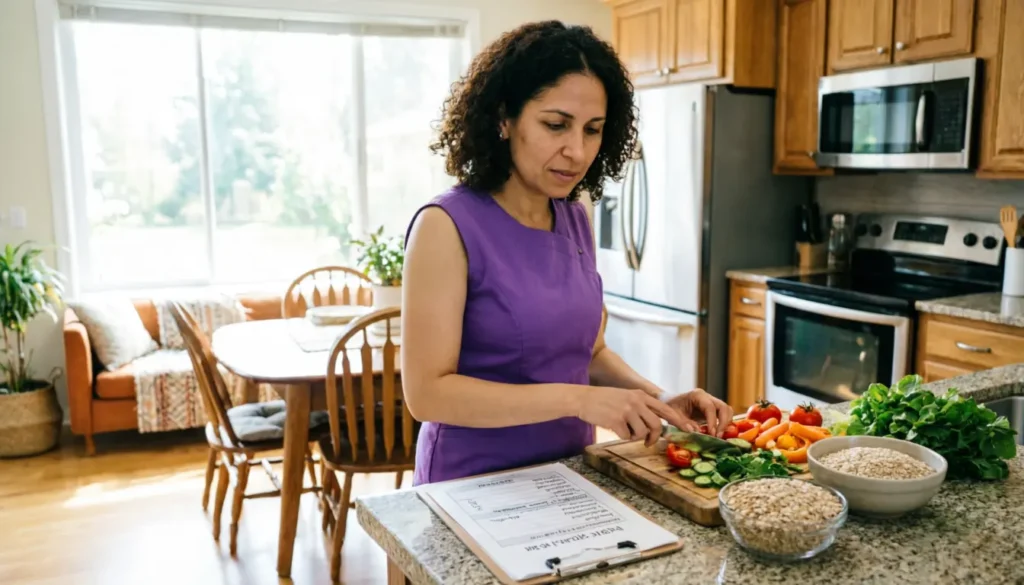 Cuidadora de jornada completa preparando comida adaptada para persona mayor dependiente en Pamplona