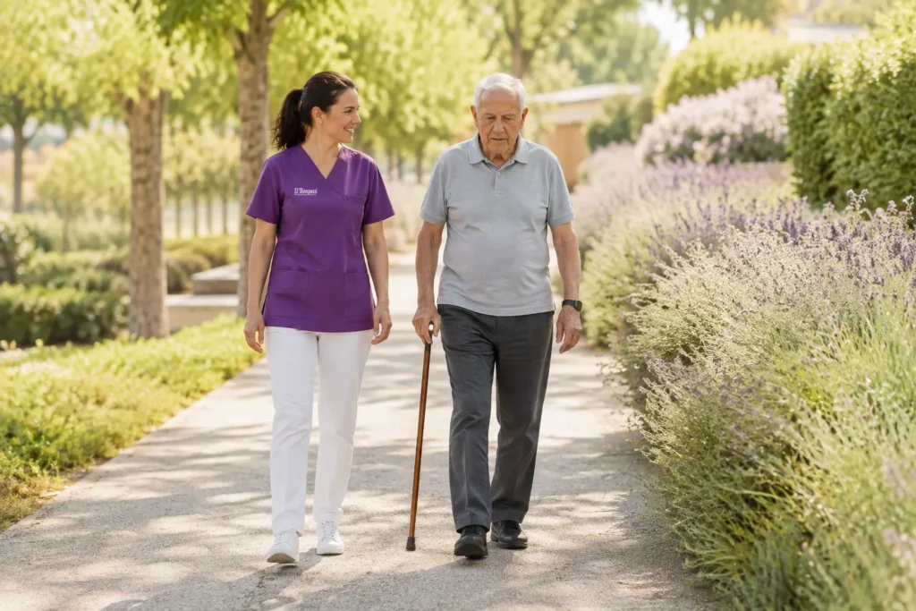 Cuidadora de Tempus acompañando a persona con Parkinson en paseo diario terapéutico en Pamplona