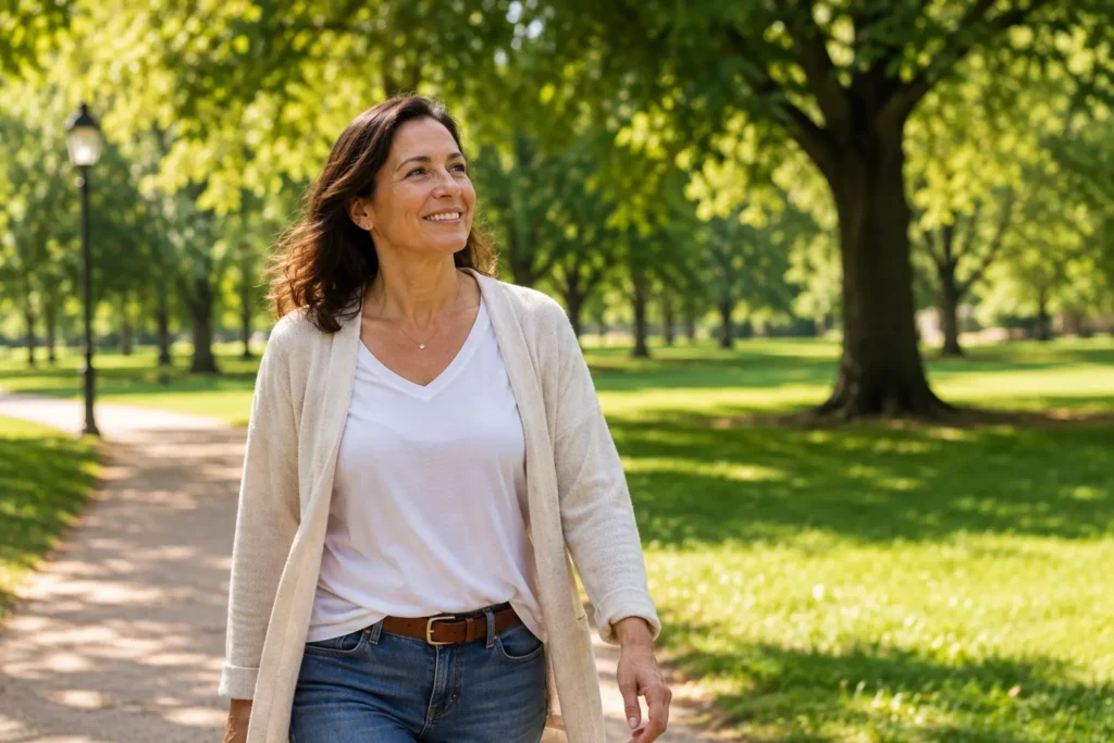 Mujer cuidadora disfrutando de tiempo libre en la naturaleza gracias al respiro familiar en Navarra