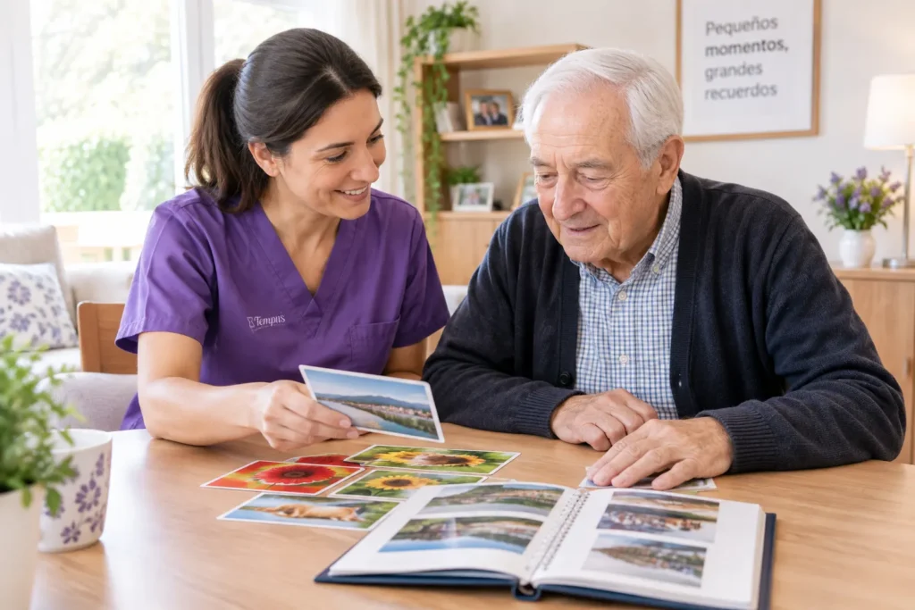 Cuidadora de Tempus realizando actividad de estimulación cognitiva con persona con Alzheimer en casa en Navarra